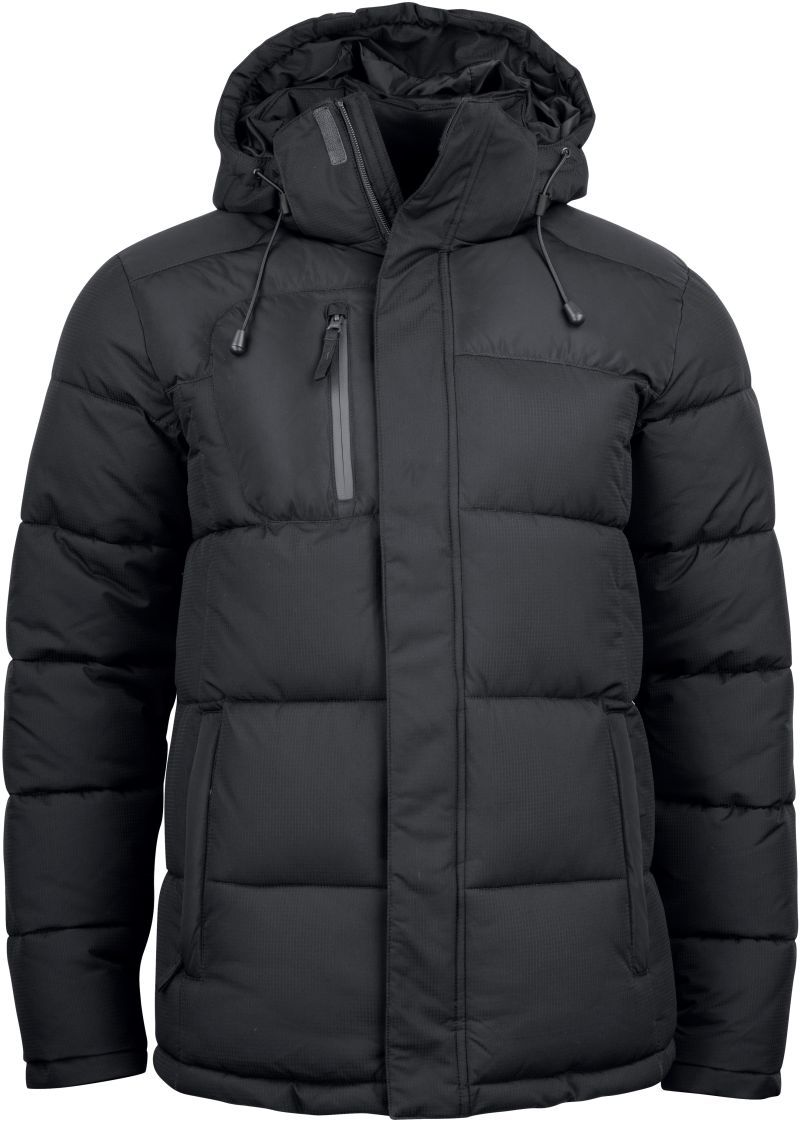 Herren Colorado Winterjacke in Schwarz mit horizontaler Steppung und hüftlangem Schnitt. Die Jacke hat eine Kapuze, einen durchgehenden Frontreißverschluss und zwei seitliche Eingriff Taschen.