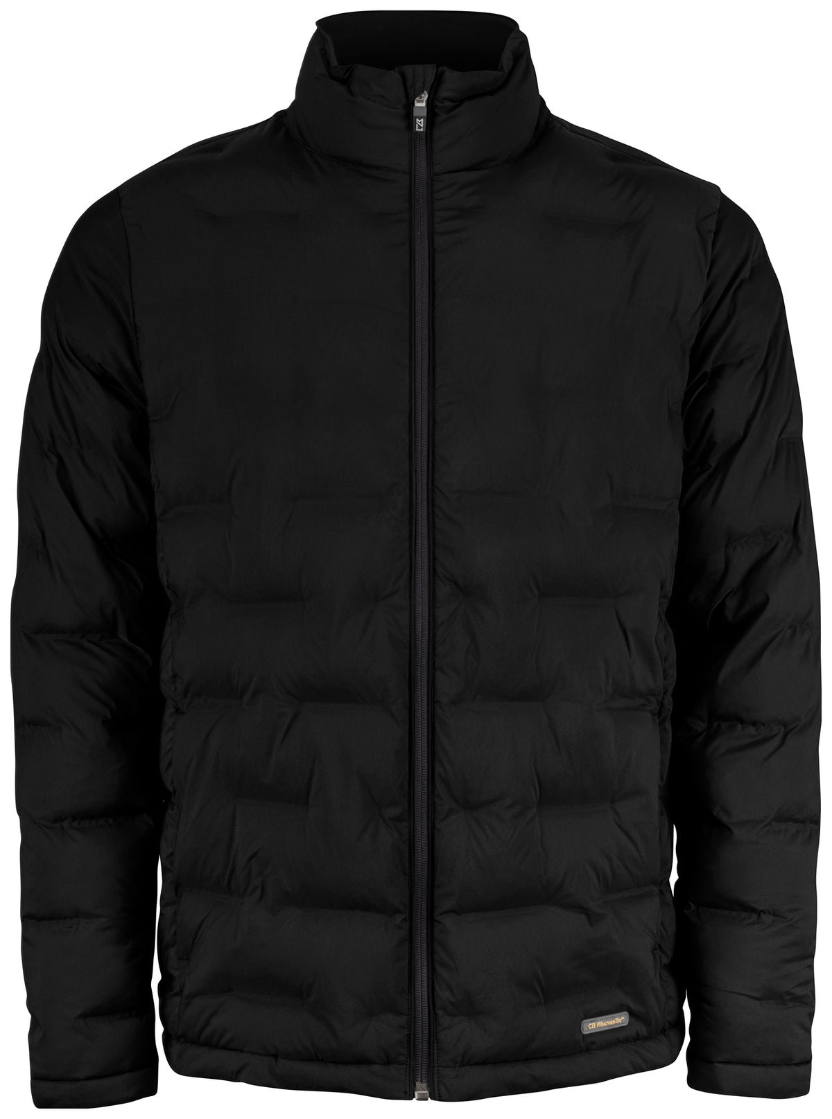 Gesteppte Jacke in schwarz mit hohem Stehkragen und unterschiedlich großen, rechteckigen Steppkammern. Die körpernahe Form verläuft gerade bis zur Hüfte.