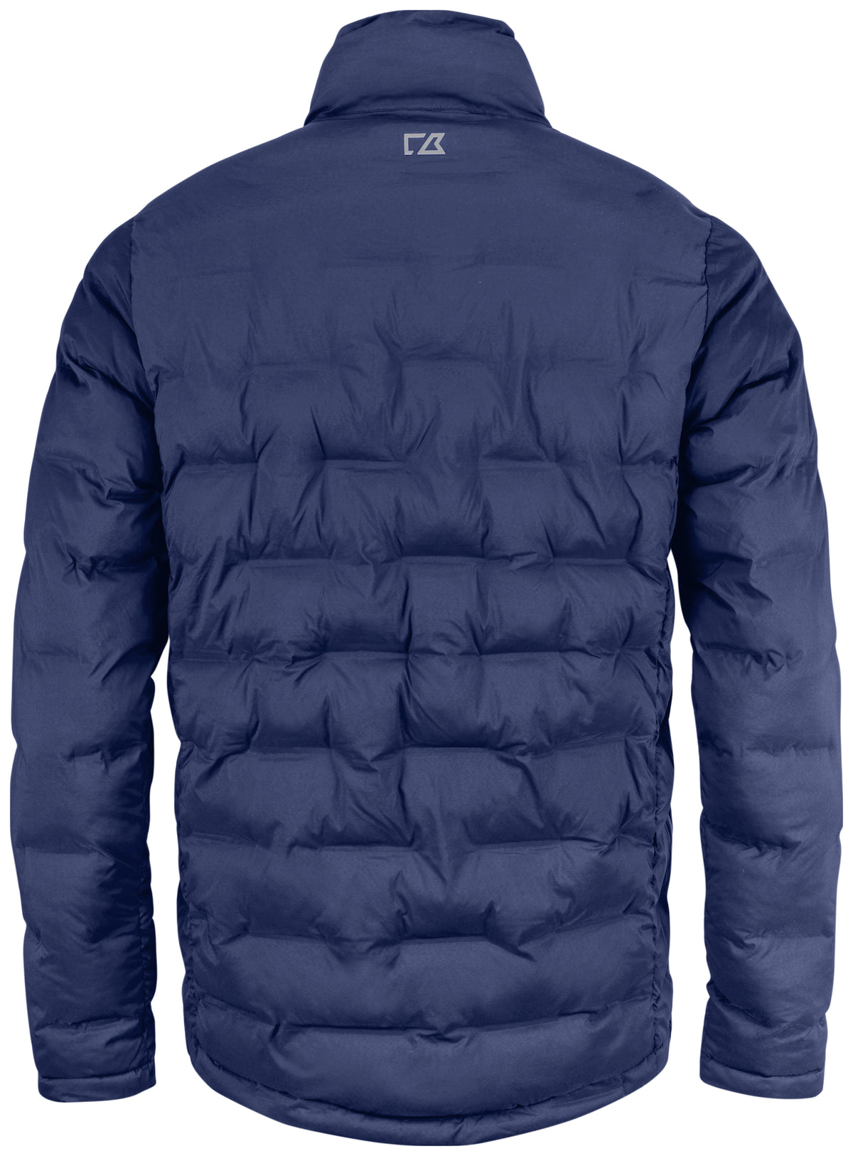 Gesteppte Jacke in dunkelblau mit hohem Stehkragen und unterschiedlich großen, rechteckigen Steppkammern. Die körpernahe Form verläuft gerade bis zur Hüfte.