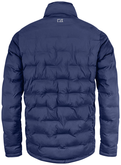 Gesteppte Jacke in dunkelblau mit hohem Stehkragen und unterschiedlich großen, rechteckigen Steppkammern. Die körpernahe Form verläuft gerade bis zur Hüfte.