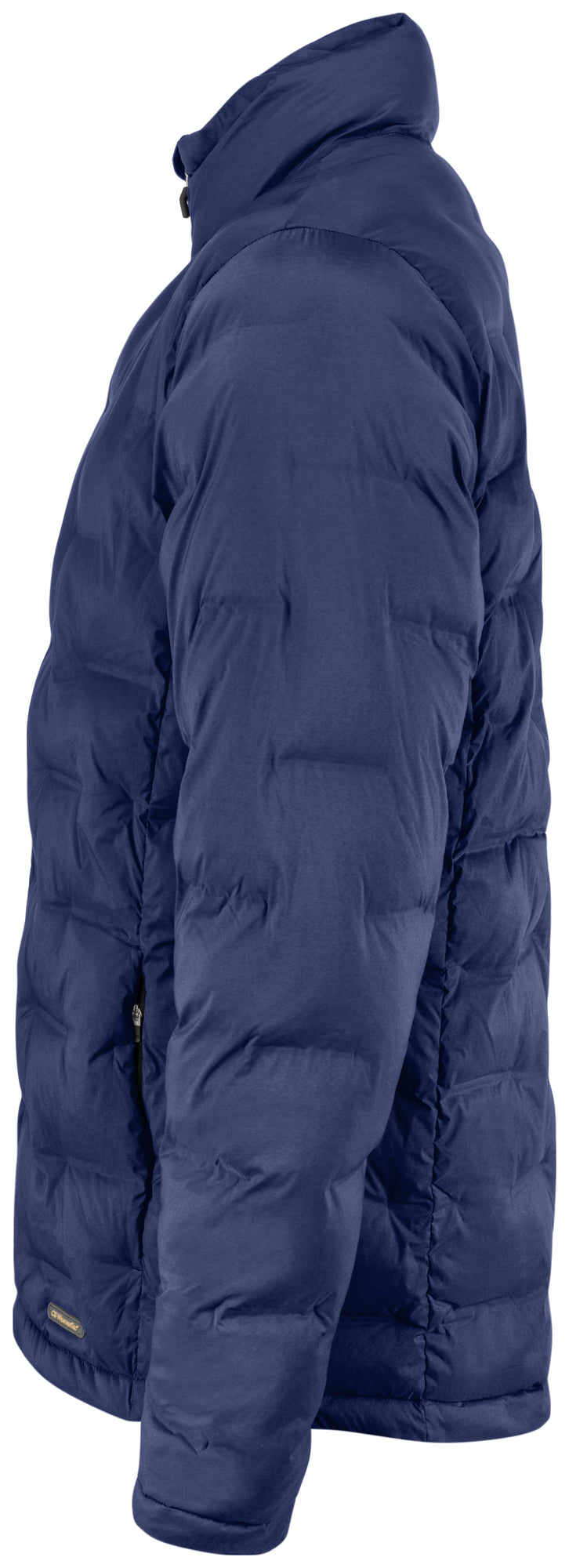 Gesteppte Jacke in dunkelblau mit hohem Stehkragen und unterschiedlich großen, rechteckigen Steppkammern. Die körpernahe Form verläuft gerade bis zur Hüfte.