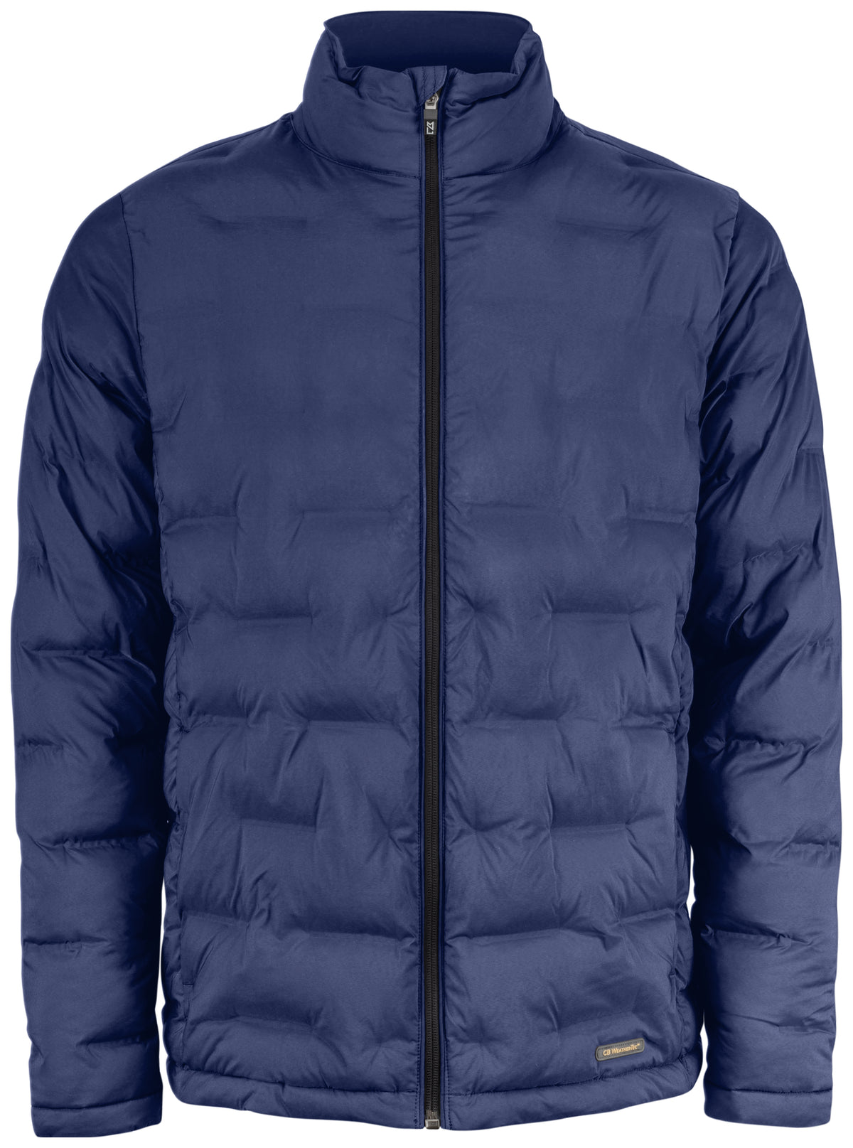 Gesteppte Jacke in dunkelblau mit hohem Stehkragen und unterschiedlich großen, rechteckigen Steppkammern. Die körpernahe Form verläuft gerade bis zur Hüfte.