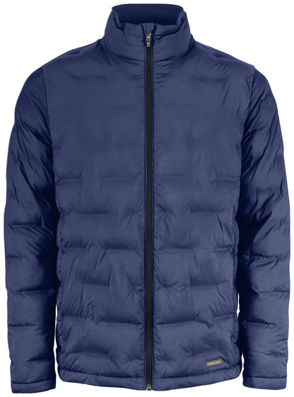 Gesteppte Jacke in dunkelblau mit hohem Stehkragen und unterschiedlich großen, rechteckigen Steppkammern. Die körpernahe Form verläuft gerade bis zur Hüfte.