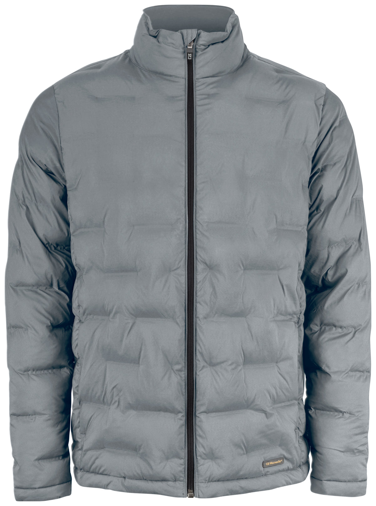 Gesteppte Jacke in Grau mit hohem Stehkragen und unterschiedlich großen, rechteckigen Steppkammern. Die körpernahe Form verläuft gerade bis zur Hüfte.