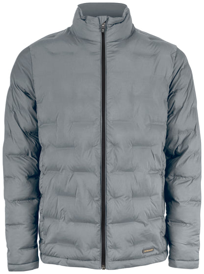 Gesteppte Jacke in Grau mit hohem Stehkragen und unterschiedlich großen, rechteckigen Steppkammern. Die körpernahe Form verläuft gerade bis zur Hüfte.