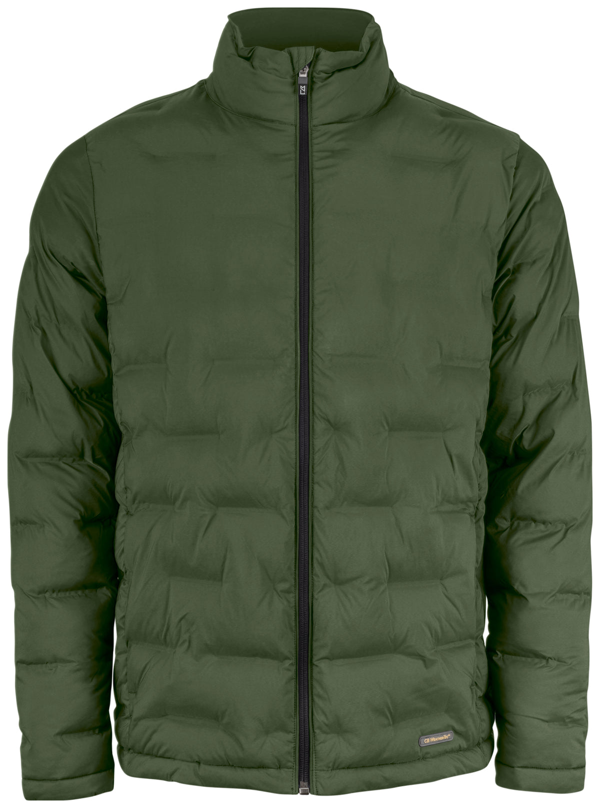 Gesteppte Jacke in Ivy Green mit hohem Stehkragen und unterschiedlich großen, rechteckigen Steppkammern. Die körpernahe Form verläuft gerade bis zur Hüfte.