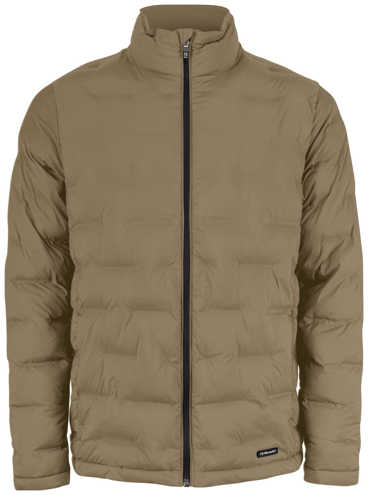 Gesteppte Jacke in Khaki mit hohem Stehkragen und unterschiedlich großen, rechteckigen Steppkammern. Die körpernahe Form verläuft gerade bis zur Hüfte.