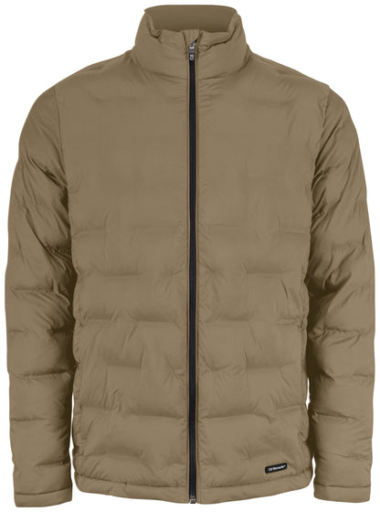 Gesteppte Jacke in Khaki mit hohem Stehkragen und unterschiedlich großen, rechteckigen Steppkammern. Die körpernahe Form verläuft gerade bis zur Hüfte.