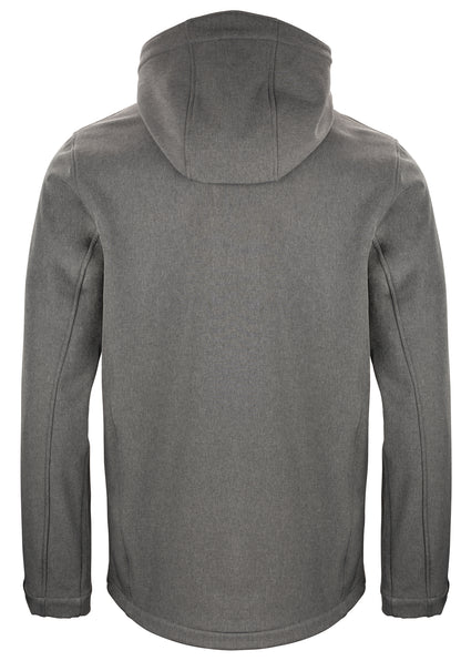 Hüftlange Softshelljacke für Herren mit Kapuze, hohem Stehkragen und verstellbaren Ärmelabschlüssen. Auffällig sind die Reißverschlusstasche auf der Brust und die beiden seitlichen Reißverschlusstaschen.