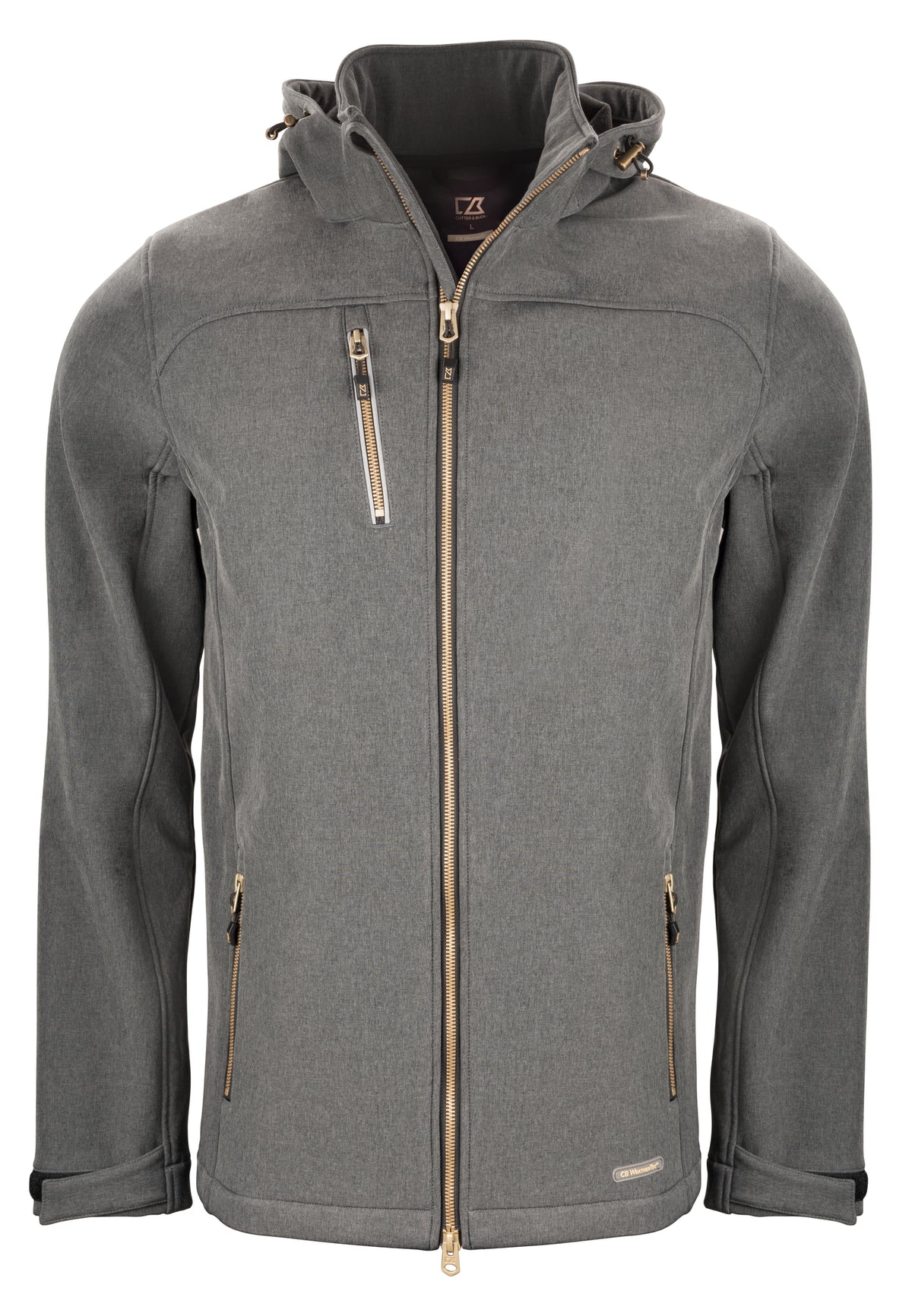 Hüftlange Softshelljacke für Herren mit Kapuze, hohem Stehkragen und verstellbaren Ärmelabschlüssen. Auffällig sind die Reißverschlusstasche auf der Brust und die beiden seitlichen Reißverschlusstaschen.