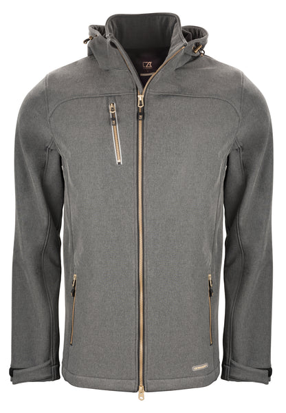 Hüftlange Softshelljacke für Herren mit Kapuze, hohem Stehkragen und verstellbaren Ärmelabschlüssen. Auffällig sind die Reißverschlusstasche auf der Brust und die beiden seitlichen Reißverschlusstaschen.
