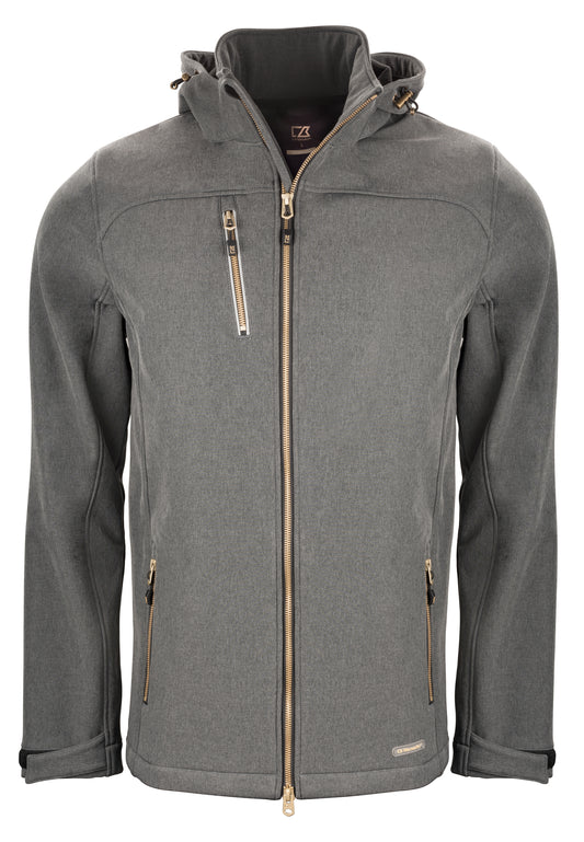 Hüftlange Softshelljacke für Herren mit Kapuze, hohem Stehkragen und verstellbaren Ärmelabschlüssen. Auffällig sind die Reißverschlusstasche auf der Brust und die beiden seitlichen Reißverschlusstaschen.