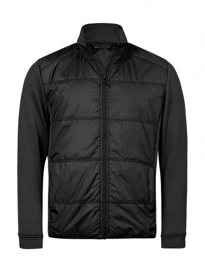 Herren Hybrid-Stretch-Jacke mit wattierter, quer gesteppter Vorderseite in Schwarz, schwarzen Stretch-Ärmeln und seitlichen Einsätzen. Die Jacke ist körpernah geschnitten und hat einen hohen Stehkragen sowie einen durchgehenden Front Reißverschluss.