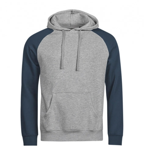 Herren Kapuzen-Sweater in Heather und Ink mit kontrastierenden Raglanärmeln. Lässige Passform mit Kapuze und Kordelzug, breiten Rippbündchen und großer Kängurutasche auf der Vorderseite.