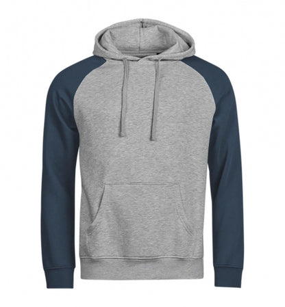Herren Kapuzen-Sweater in Heather und Ink mit kontrastierenden Raglanärmeln. Lässige Passform mit Kapuze und Kordelzug, breiten Rippbündchen und großer Kängurutasche auf der Vorderseite.