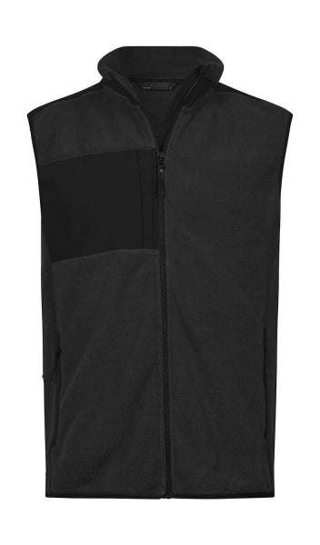 Mountain Fleece Bodywarmer in Black/Black mit schwarzem Reißverschluss und dunklen Kontrastbesätzen an Brust und Schultern. Die hüftlange Weste ist körpernah geschnitten, hat einen hohen Kragen und seitliche Reißverschlusstaschen.