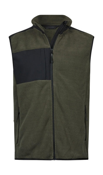 Mountain Fleece Bodywarmer in Deep Green/Black mit schwarzem Reißverschluss und dunklen Kontrastbesätzen an Brust und Schultern. Die hüftlange Weste ist körpernah geschnitten, hat einen hohen Kragen und seitliche Reißverschlusstaschen.