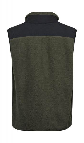 Mountain Fleece Bodywarmer in Deep Green/Black mit schwarzem Reißverschluss und dunklen Kontrastbesätzen an Brust und Schultern. Die hüftlange Weste ist körpernah geschnitten, hat einen hohen Kragen und seitliche Reißverschlusstaschen.