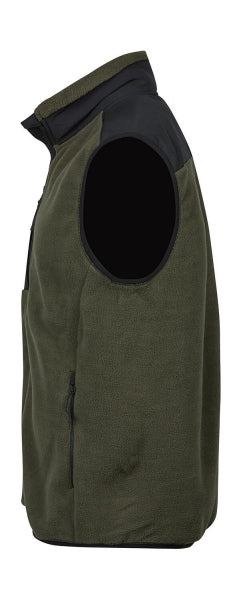Mountain Fleece Bodywarmer in Deep Green/Black mit schwarzem Reißverschluss und dunklen Kontrastbesätzen an Brust und Schultern. Die hüftlange Weste ist körpernah geschnitten, hat einen hohen Kragen und seitliche Reißverschlusstaschen.