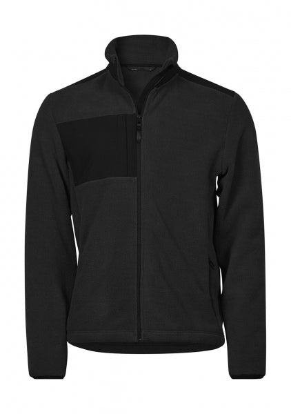 Mountain Fleecejacke in Black mit schwarzem Reißverschluss und dunklen Kontrastbesätzen an Brust, Schultern und Ärmeln. Die hüftlange Jacke ist körpernah geschnitten, hat einen hohen Kragen und seitliche Reißverschlusstaschen.