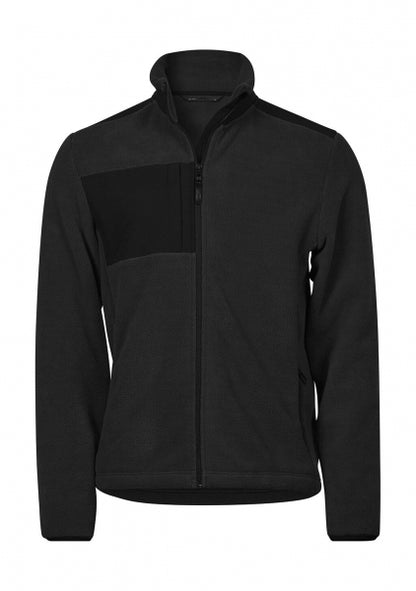 Mountain Fleecejacke in Black mit schwarzem Reißverschluss und dunklen Kontrastbesätzen an Brust, Schultern und Ärmeln. Die hüftlange Jacke ist körpernah geschnitten, hat einen hohen Kragen und seitliche Reißverschlusstaschen.