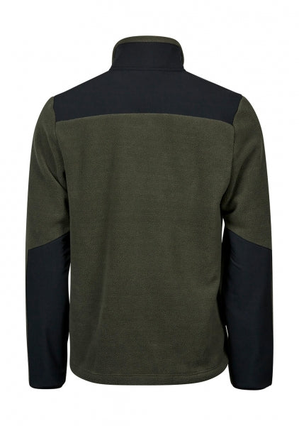 Mountain Fleecejacke in Deep Green/Black mit schwarzem Reißverschluss und dunklen Kontrastbesätzen an Brust, Schultern und Ärmeln. Die hüftlange Jacke ist körpernah geschnitten, hat einen hohen Kragen und seitliche Reißverschlusstaschen.