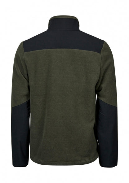 Mountain Fleecejacke in Deep Green/Black mit schwarzem Reißverschluss und dunklen Kontrastbesätzen an Brust, Schultern und Ärmeln. Die hüftlange Jacke ist körpernah geschnitten, hat einen hohen Kragen und seitliche Reißverschlusstaschen.