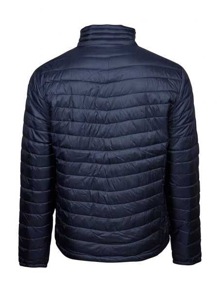 Herren Zeppelin Jacke in Deep Navy mit schmaler, horizontaler Steppung über Vorderseite, Rücken und Ärmel. Körpernah geschnitten mit hohem Stehkragen, durchgehendem Reißverschluss und dezent integrierten Seitentaschen.