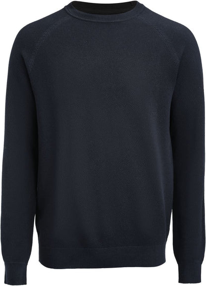 James Harvest Pullover aus Baumwolle mit Rundhalsausschnitt in Navy, fein strukturierter Strickoberfläche sowie gerippten Abschlüssen an Ärmeln, Ausschnitt und Saum.