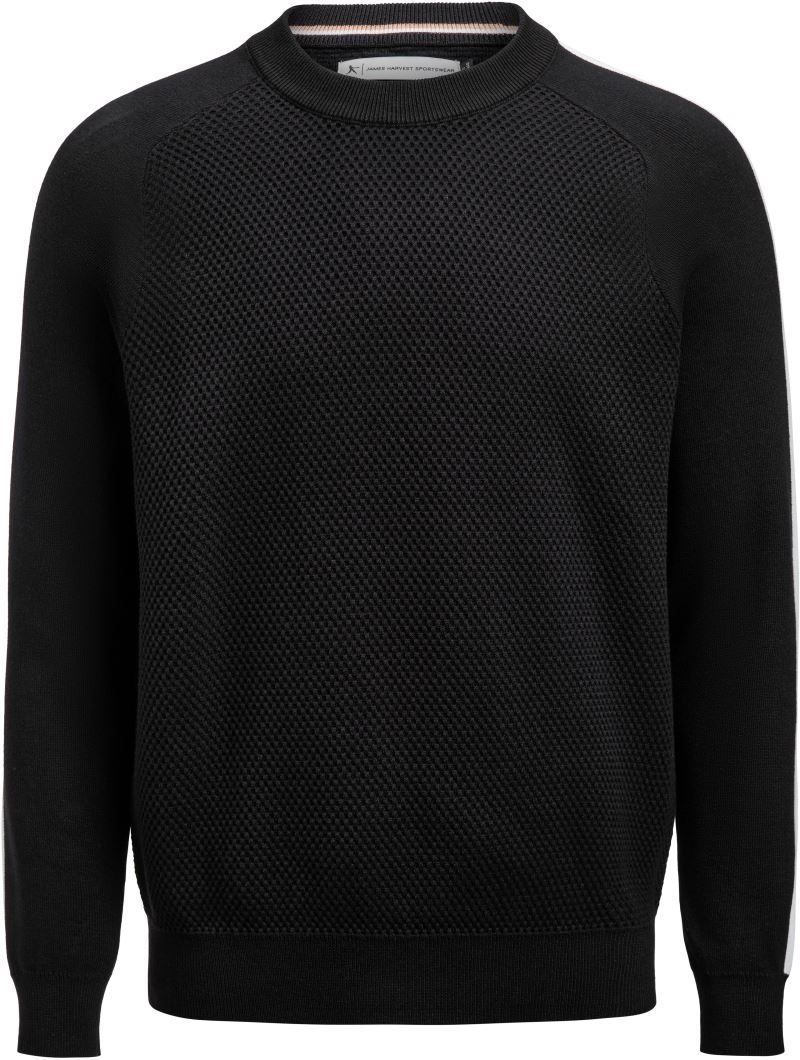 der Herren Scarsdale Sweater in Schwarz ist auf der Vorder- und Rückseite aus speziellem strukturierten Strick, breiter Rundhalsausschnitt aus Rippstrick, Raglanärmel, Streifen in Kontrastfarbe an Schultern und Ärmel