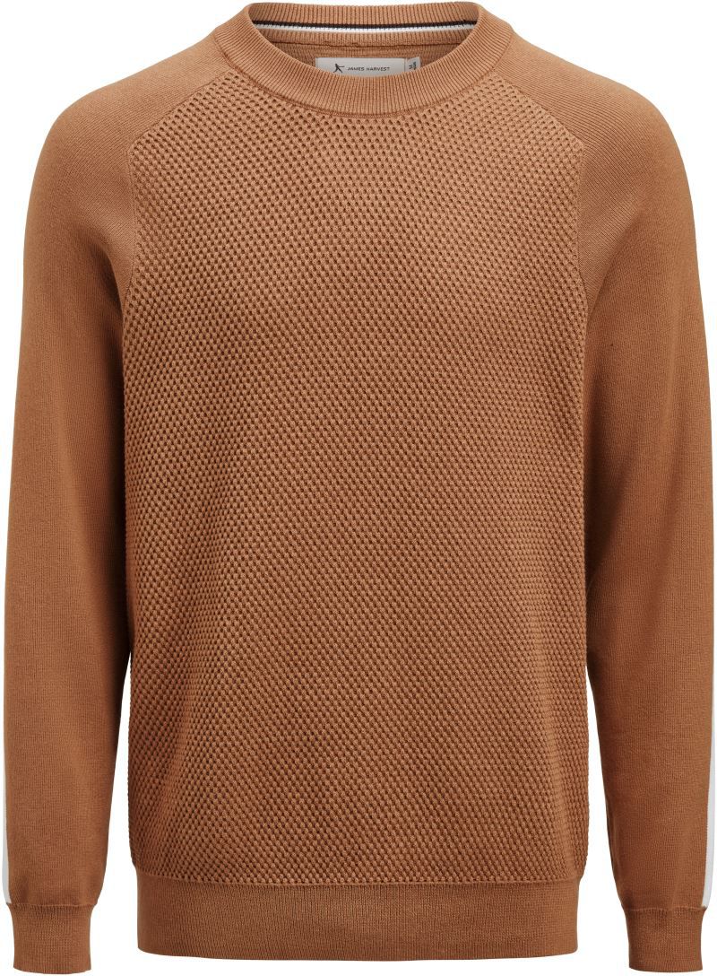 der Herren Scarsdale Sweater in Hazel ist auf der Vorder- und Rückseite aus speziellem strukturierten Strick, breiter Rundhalsausschnitt aus Rippstrick, Raglanärmel, Streifen in Kontrastfarbe an Schultern und Ärmel