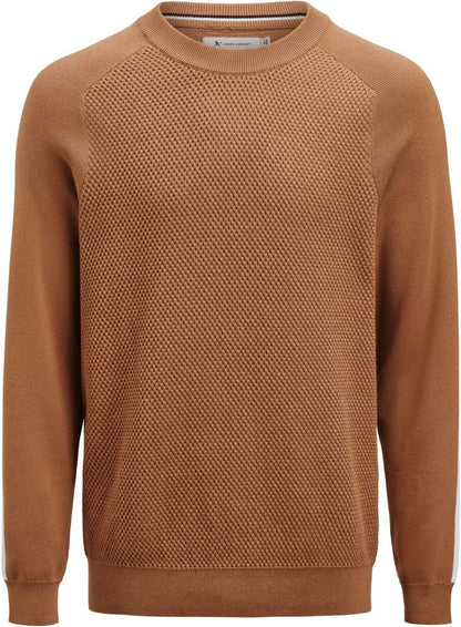 der Herren Scarsdale Sweater in Hazel ist auf der Vorder- und Rückseite aus speziellem strukturierten Strick, breiter Rundhalsausschnitt aus Rippstrick, Raglanärmel, Streifen in Kontrastfarbe an Schultern und Ärmel