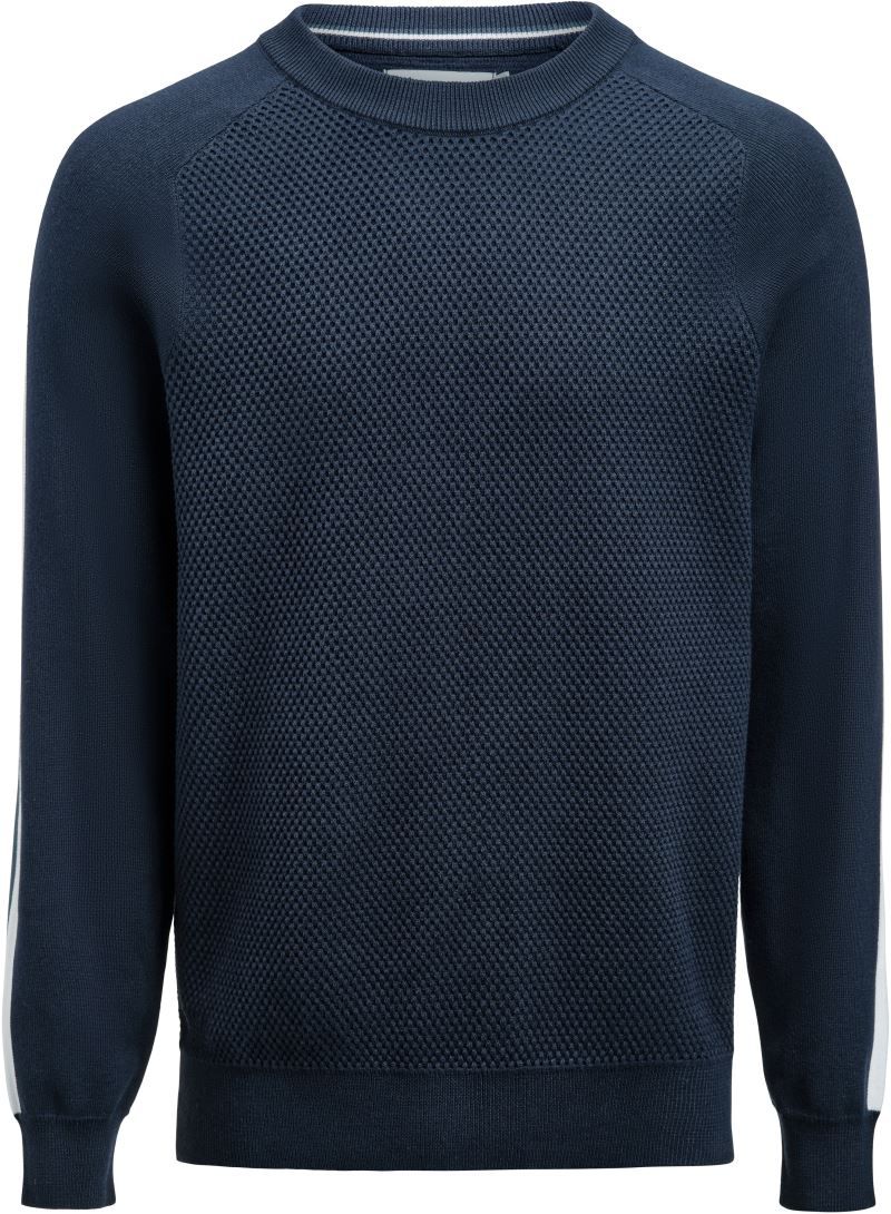 der Herren Scarsdale Sweater in Navy ist auf der Vorder- und Rückseite aus speziellem strukturierten Strick, breiter Rundhalsausschnitt aus Rippstrick, Raglanärmel, Streifen in Kontrastfarbe an Schultern und Ärmel