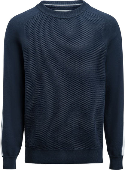 der Herren Scarsdale Sweater in Navy ist auf der Vorder- und Rückseite aus speziellem strukturierten Strick, breiter Rundhalsausschnitt aus Rippstrick, Raglanärmel, Streifen in Kontrastfarbe an Schultern und Ärmel