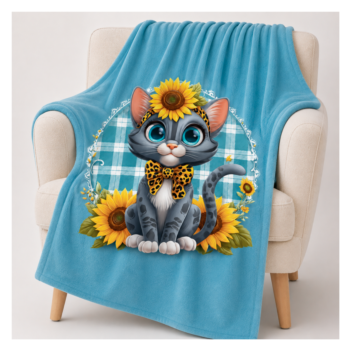 Kuscheldecke Sophia mit grauer Katze, Sonnenblumen und türkisem Hintergrund sowie türkisgrünem und weißem Karomuster
