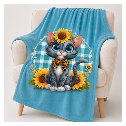 Kuscheldecke Sophia mit grauer Katze, Sonnenblumen und türkisem Hintergrund sowie türkisgrünem und weißem Karomuster