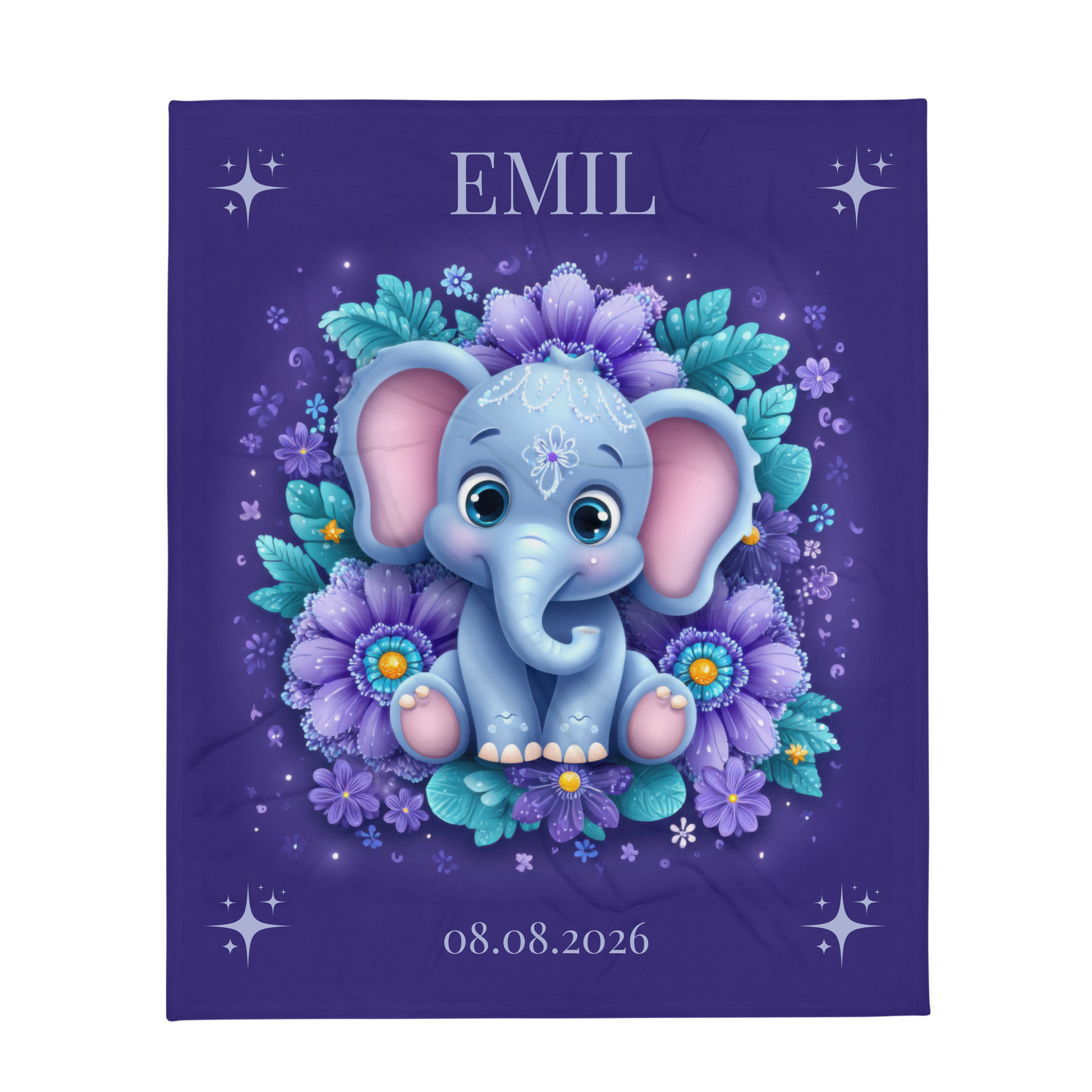 Personalisierbare Kuscheldecke Nelli für Kinder mit blauem Elefanten, violetten Blumen und individuellem Namen