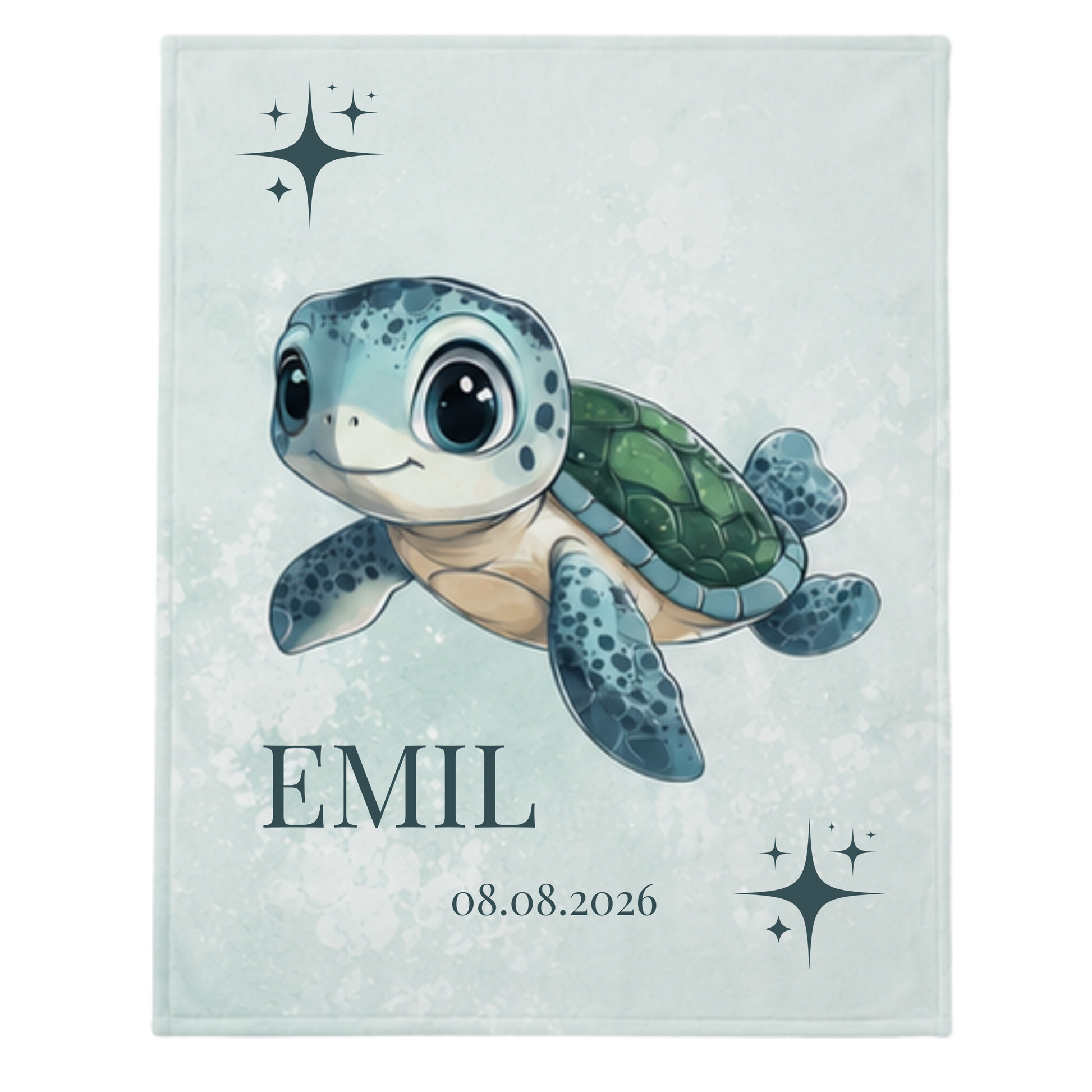 Personalisiertes Kuscheldecke für Kinder mit Schildkrötenmotiv, bestehend Pastell Mintgrün