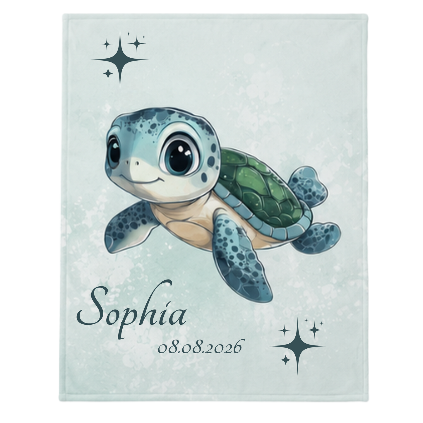 Personalisiertes Kuscheldecke für Kinder mit Schildkrötenmotiv, bestehend Pastell Mintgrün
