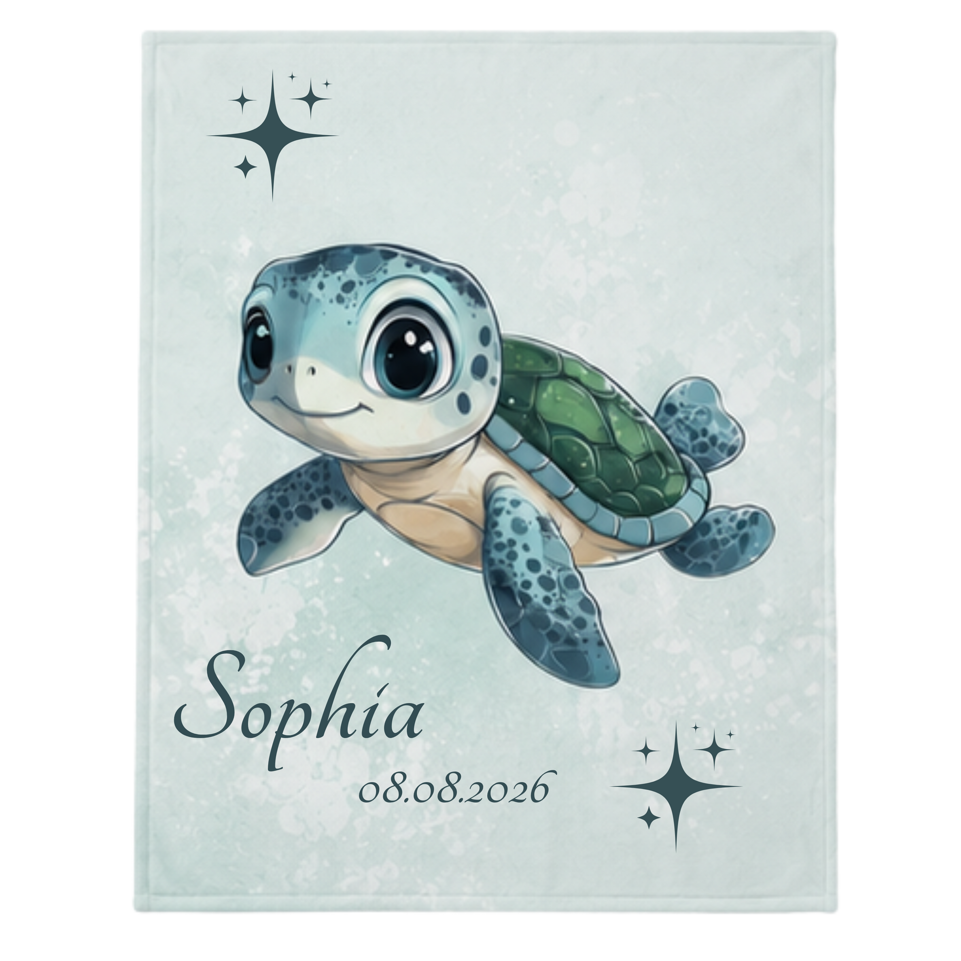Personalisiertes Kuscheldecke für Kinder mit Schildkrötenmotiv, bestehend Pastell Mintgrün