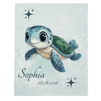 Personalisiertes Kuscheldecke für Kinder mit Schildkrötenmotiv, bestehend Pastell Mintgrün