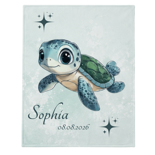 Personalisiertes Kuscheldecke für Kinder mit Schildkrötenmotiv, bestehend Pastell Mintgrün