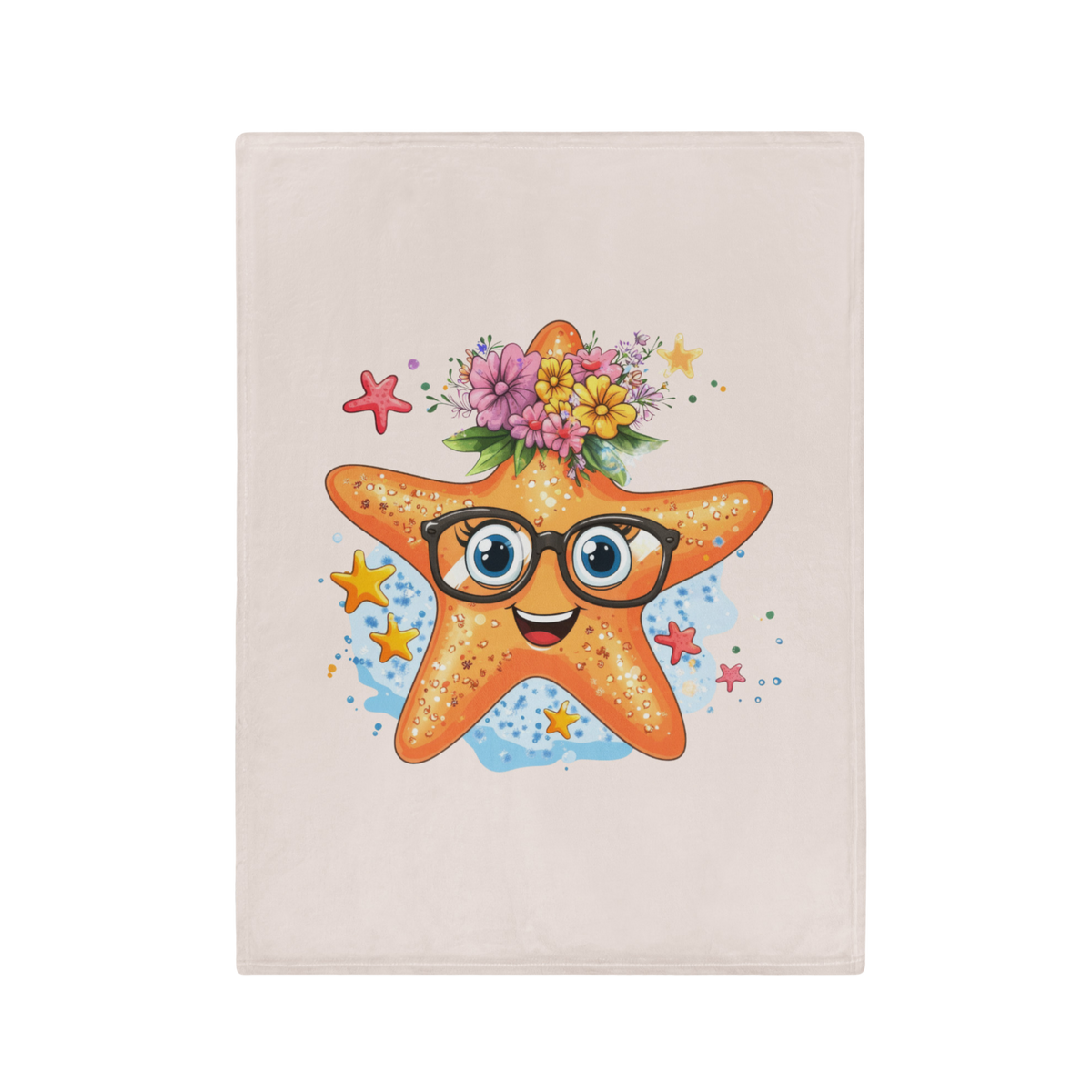 Kuscheldecke Robby mit orangefarbenem Seestern, schwarzer Brille, blauen Augen und buntem Blumenkranz