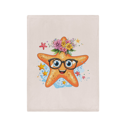 Kuscheldecke Robby mit orangefarbenem Seestern, schwarzer Brille, blauen Augen und buntem Blumenkranz