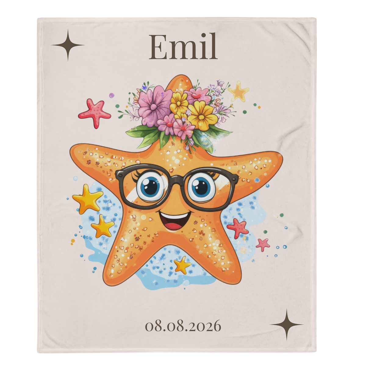Kuscheldecke Robby mit orangefarbenem Seestern, schwarzer Brille, blauen Augen und buntem Blumenkranz