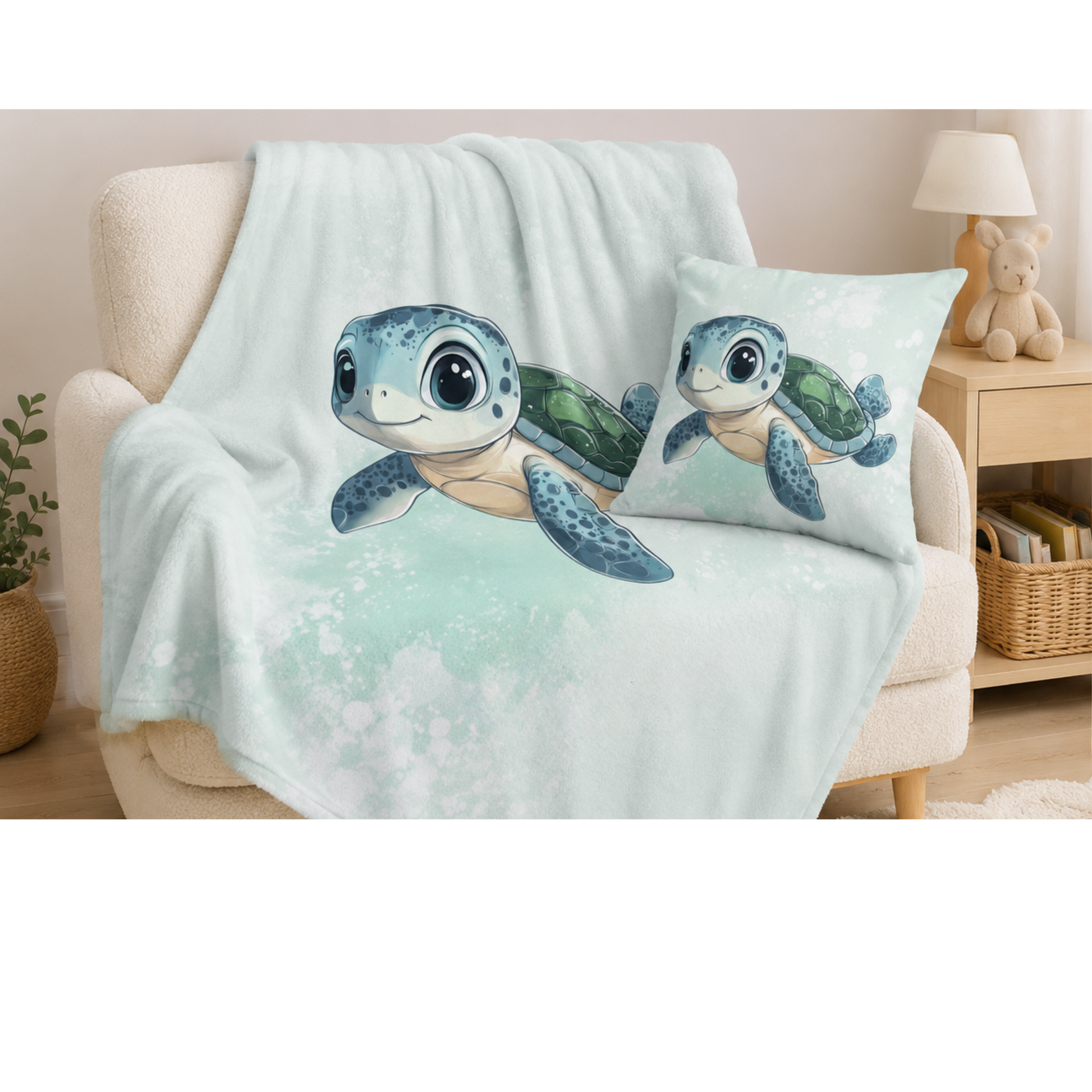 Personalisiertes Kuscheldecke für Kinder mit Schildkrötenmotiv, bestehend Pastell Mintgrün