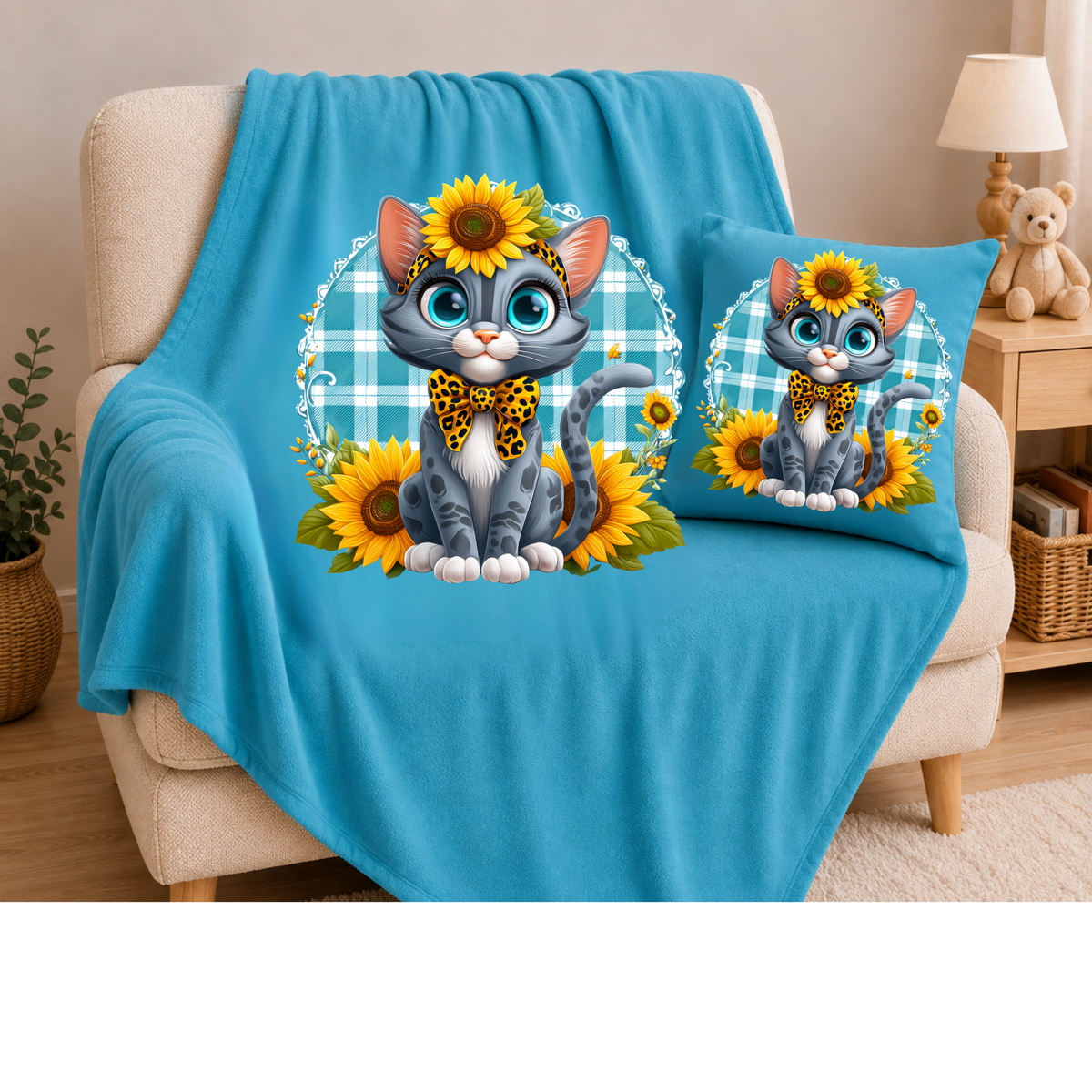 Kuschelkissen Sophia mit grauer Katze, Sonnenblumen und türkisem Karomuster sowie petrolgrünem Hintergrund