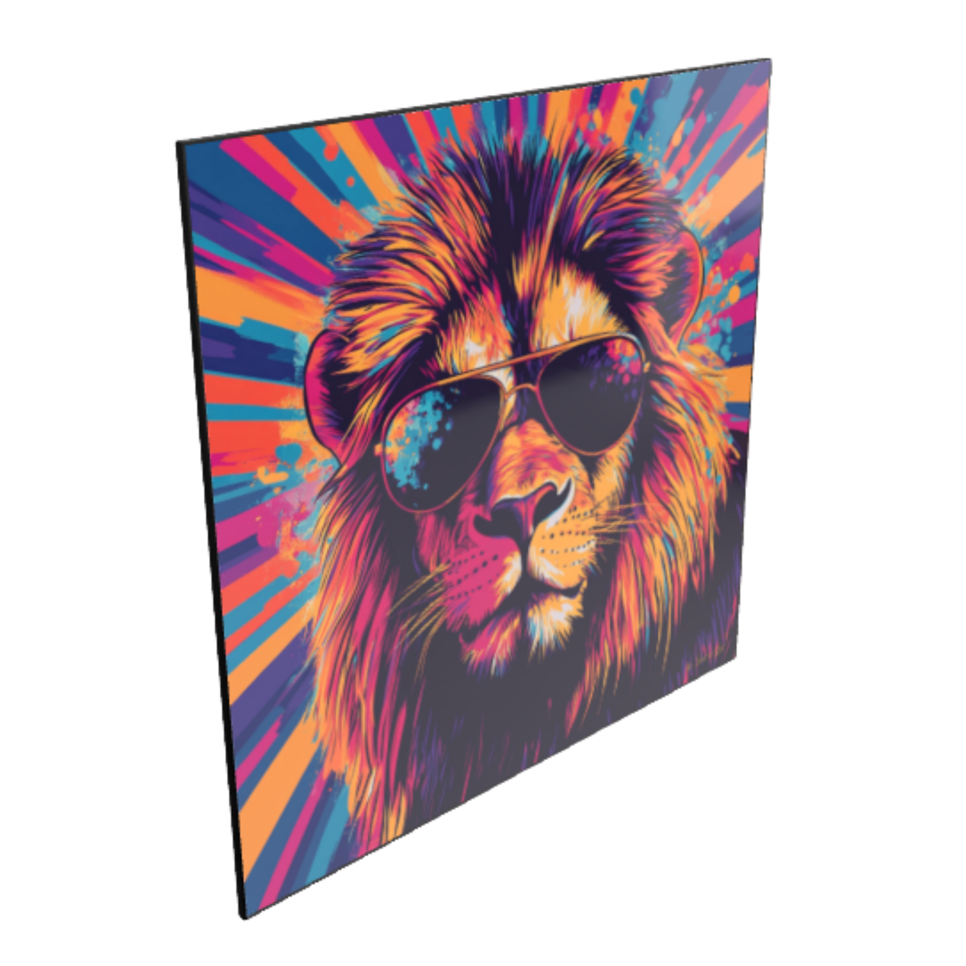 Farbenfrohes Pop-Art-Kunstwerk eines Löwen mit Sonnenbrille vor bunt gestrahltem Hintergrund, gerahmt in einem schwarzen Rahmen.