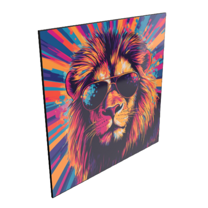 Farbenfrohes Pop-Art-Kunstwerk eines Löwen mit Sonnenbrille vor bunt gestrahltem Hintergrund, gerahmt in einem schwarzen Rahmen.