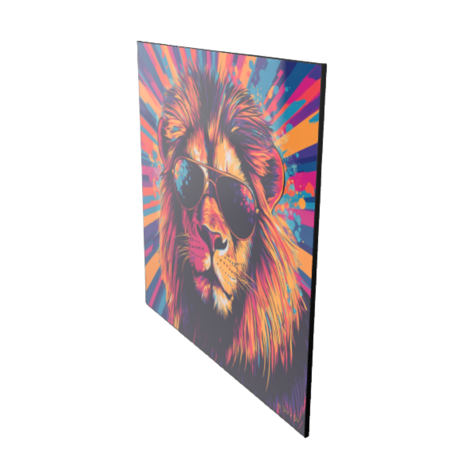 Farbenfrohes Pop-Art-Kunstwerk eines Löwen mit Sonnenbrille vor bunt gestrahltem Hintergrund, gerahmt in einem schwarzen Rahmen.